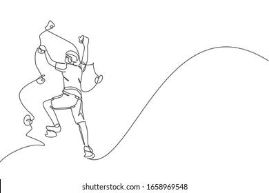 Single continuous line drawing of young muscular rockclimber man climbing hanging on mountain grip. Outdoor active lifestyle and rock climbing concept. Trendy one line draw design vector illustration