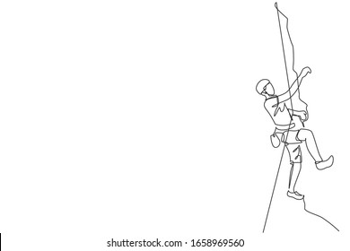 Single continuous line drawing of young muscular rockclimber man climbing hanging on mountain grip. Outdoor active lifestyle and rock climbing concept. Trendy one line draw design vector illustration