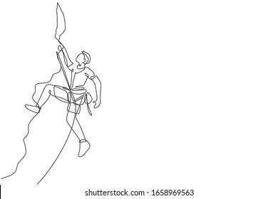 Single continuous line drawing of young muscular rockclimber man climbing hanging on mountain grip. Outdoor active lifestyle and rock climbing concept. Trendy one line draw design vector illustration