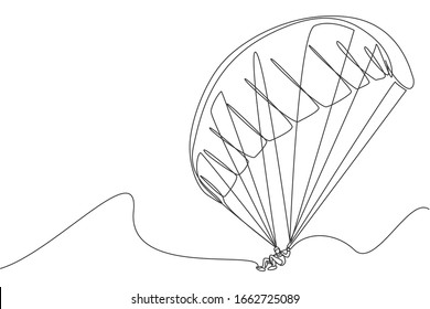 Dibujo en línea continua de un joven turista que vuela con paracaídas en parapente en el cielo. Concepto de deporte de vacaciones extremas. Ilustración vectorial de diseño de tracción de una línea de moda