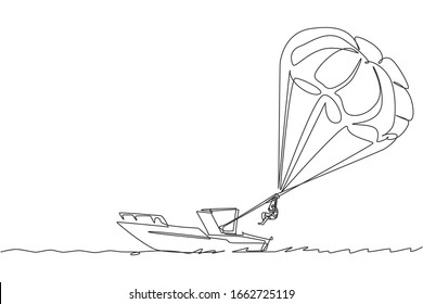 Single continuous line drawing young tourist man flying with parasailing parachute on the sky pulled by a boat. Extreme vacation holiday sport concept. One line draw design vector graphic illustration