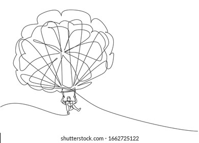 Single continuous line drawing of young tourist man flying with parasailing parachute on sky pulled by a boat. Extreme vacation holiday sport concept. Trendy one line draw design vector illustration