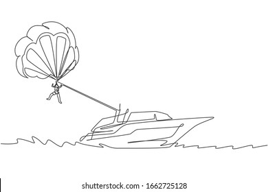 Single continuous line drawing of young tourist flying with parasailing parachute on the sky pulled by a boat. Extreme vacation holiday sport concept. Trendy one line draw design vector illustration