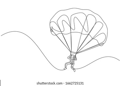 Dibujo en línea continua de un joven turista que vuela con paracaídas en parapente en el cielo. Concepto de deporte de vacaciones extremas. Ilustración vectorial de diseño de tracción de una línea de moda