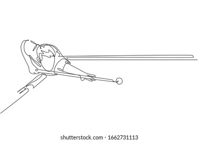 Single continuous line drawing of young handsome professional athlete man playing pool billiards at billiard room in bar. Indoor sport game concept. Trendy one line draw design vector illustration