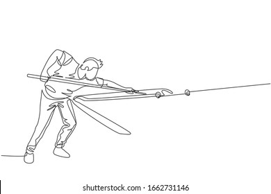 Single continuous line drawing of young handsome professional athlete man playing pool billiards at billiard room in bar. Indoor sport game concept. Trendy one line draw design vector illustration