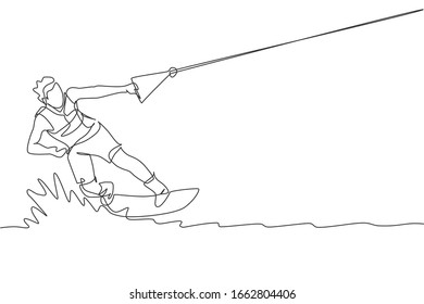 Single continuous line drawing of young sporty surfer man playing wakeboarding in the sea. Extreme dangerous sea sport concept. Summer holiday vacation. Trendy one line draw design vector illustration