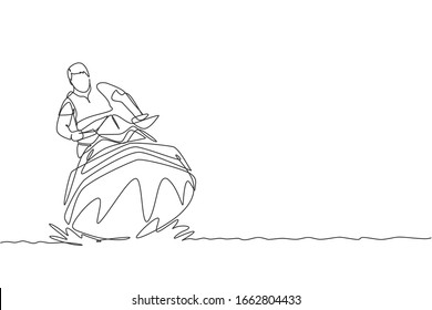 Single continuous line drawing of young sporty tourist man fun playing jet ski in the sea. Extreme dangerous sea sport concept. Summer holiday vacation. Trendy one line draw design vector illustration