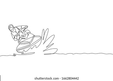 Single continuous line drawing young sporty tourist man fun playing jet ski in the sea  Extreme dangerous sea sport concept  Summer holiday vacation  Trendy one line draw design vector illustration