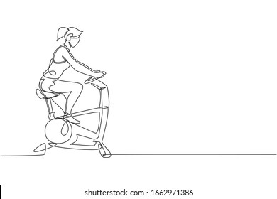 Single continuous line drawing of young happy woman exercising with static bike in sport center gym club. Sport training fitness concept. Trendy one line draw design vector graphic illustration