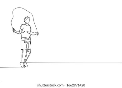 Single continuous line drawing of young happy man exercise jumping with skipping rope in sport center gym club. Sport training fitness concept. Trendy one line draw design graphic vector illustration