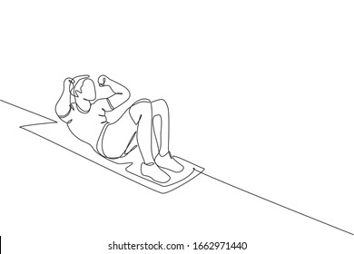 Single continuous line drawing of young happy man exercising doing sit up pose on the floor in sport center gym club. Sport training fitness concept. Trendy one line draw design vector illustration