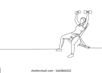 Single continuous line drawing of young sportive man training lift dumbbells on bench press in sport gymnasium club center. Fitness stretching concept. Trendy one line draw design vector illustration