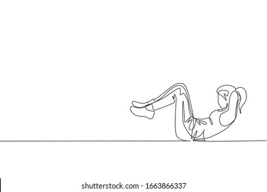 Dessin d'une seule ligne continue de jeunes femmes sportives s'entraînant et s'asseyant au centre de gymnase sportif. Concept d'étirement de fitness. Illustration vectorielle de dessin à une ligne tendance