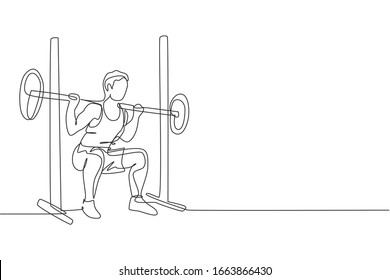 Single continuous line drawing of young sportive man train lifting barbell in sport gymnasium club center. Fitness stretching concept. Trendy one line draw design vector illustration graphic