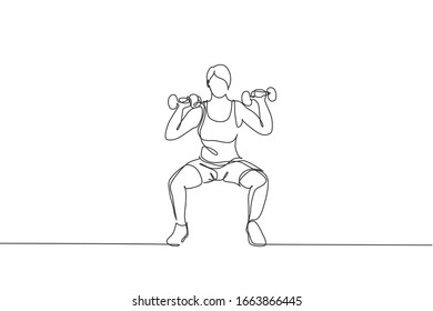 Single continuous line drawing of young sportive woman training lifting barbells in sport gymnasium club center. Fitness stretching concept. Trendy one line draw design vector graphic illustration