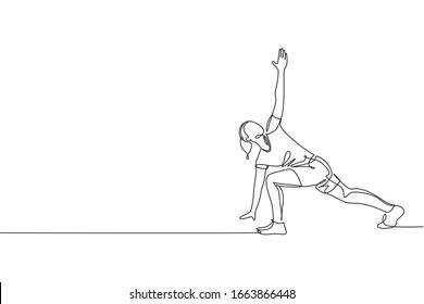 Single continuous line drawing of young sportive woman training side lunge windmill pose in sport gymnasium club center. Fitness stretching concept. Trendy one line draw design vector illustration