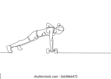 Single continuous line drawing of young sportive woman training push up with barbell in sport gymnasium club center. Fitness stretching concept. Trendy one line draw design vector illustration graphic