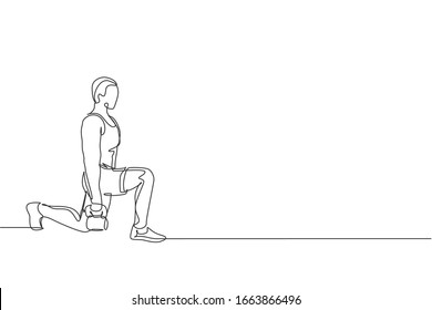 Single continuous line drawing of young sportive man training up and down with kettlebell in sport gymnasium club center. Fitness stretching concept. Trendy one line draw design vector illustration