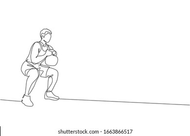 Single continuous line drawing of young sportive man training with kettlebell in sport gymnasium club center. Fitness stretching concept. Trendy one line draw design vector illustration graphic
