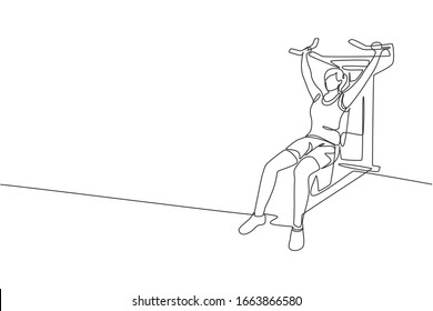 Single continuous line drawing of young sportive woman training with hammer strength machine in sport gymnasium club center. Fitness stretching concept. Trendy one line draw design vector illustration