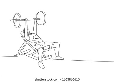 Single continuous line drawing of young sportive man training lift barbell on bench press in sport gymnasium club center. Fitness stretching concept. Trendy one line draw design vector illustration