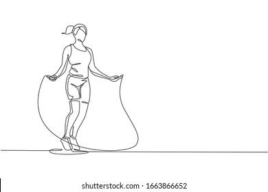 Single continuous line drawing young sportive woman train jumping with skipping rope in sport gymnasium club center. Fitness stretching concept. Trendy one line draw design vector illustration graphic