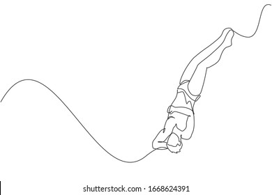 Single continuous line drawing of young sportive man jumping and somersaulting from diving board into the pool. Competition event. Water sport concept. Trendy one line draw design vector illustration