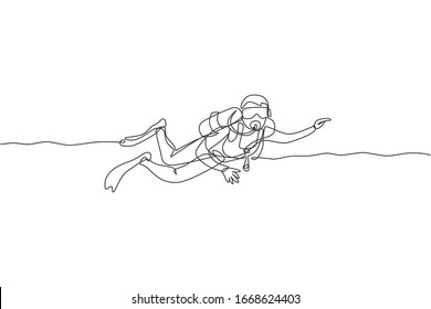 Single continuous line drawing of young sportive man swimming on sea ocean to explore fish and coral reef life. Underwater scuba diving sport concept. Trendy one line draw design vector illustration