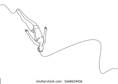 Single continuous line drawing of young sportive woman jumping and falling the body down into the pool for diving training . Water sport event concept. Trendy one line draw design vector illustration