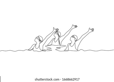 Single continuous line drawing of young sportive women perform beautiful synchronized swimming choreography. Group water sport competition concept. Trendy one line draw design vector illustration