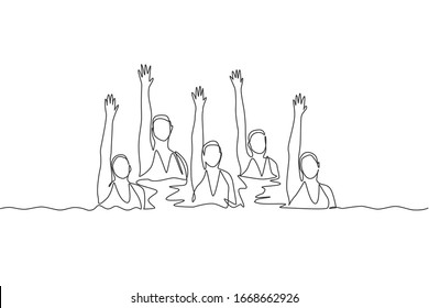 Single continuous line drawing young sportive women perform beautiful synchronized swimming choreography. Group water sport competition concept. Trendy one line draw design vector graphic illustration