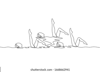 Single continuous line drawing young sportive women perform beautiful synchronized swimming choreography. Group water sport competition concept. Trendy one line draw design vector graphic illustration