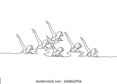 Single continuous line drawing young sportive women perform beautiful synchronized swimming choreography. Group water sport competition concept. Trendy one line draw design graphic vector illustration