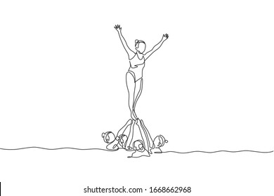 Single continuous line drawing young sportive women perform beautiful synchronized swimming choreography. Group water sport competition concept. Trendy one line draw design vector graphic illustration