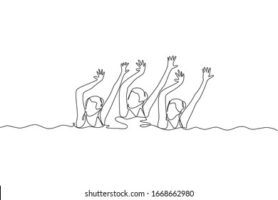 Single continuous line drawing of young sportive women perform beautiful synchronized swimming choreography. Group water sport competition concept. Trendy one line draw design vector illustration