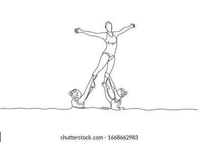 Single continuous line drawing of young sportive women perform beautiful synchronized swimming choreography. Group water sport competition concept. Trendy one line draw design vector illustration