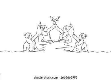 Single continuous line drawing of young sportive women perform beautiful synchronized swimming choreography. Group water sport competition concept. Trendy one line draw design vector illustration