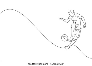 Single continuous line drawing of young sportive man train soccer freestyle, jump juggling with heel on the field. Football freestyler concept. Trendy one line draw design vector graphic illustration