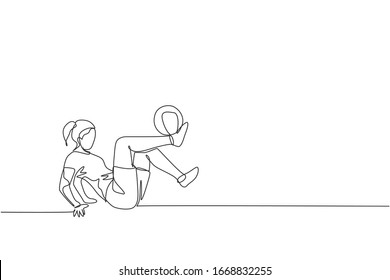 Single continuous line drawing of young sportive woman train soccer freestyle, juggling with shinbone on the field. Football freestyler concept. Trendy one line draw design graphic vector illustration