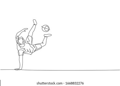 Single continuous line drawing of young sportive man train soccer freestyle, juggling with soles of the feet on the field. Football freestyler concept. Trendy one line draw design vector illustration