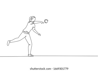 Single continuous line drawing of young sportive woman practice to powerfully throw shot put on the court stadium. Athletic games sport concept. Trendy one line draw design vector graphic illustration