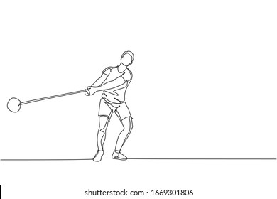 Single continuous line drawing of young sportive man practice to concentrate while swinging hammer on the court stadium. Athletic games sport concept. Trendy one line draw design vector illustration