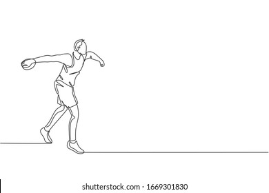 Single continuous line drawing of young sportive man practice to throw discus on the court stadium. Athletic games sport concept. Trendy one line draw design graphic vector illustration