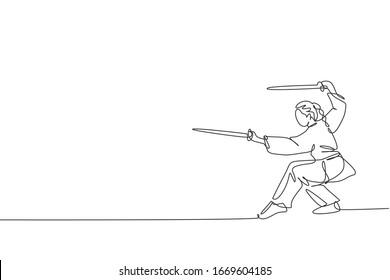 Single continuous line drawing of young woman wushu fighter, kung fu master in uniform training with swords at dojo center. Fighting contest concept. Trendy one line draw design vector illustration