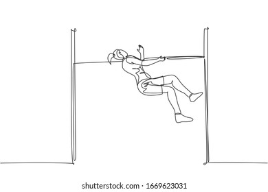 Single continuous line drawing of young sportive woman training high jump to pass the bar at field. Healthy athletic sport concept. Tournament event. Trendy one line draw design vector illustration