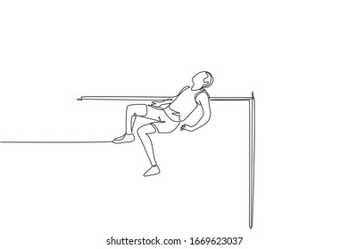 Single continuous line drawing of young sportive man training to pass the bar in high jump game in the field. Healthy athletic sport concept. Tournament event. One line draw design vector illustration