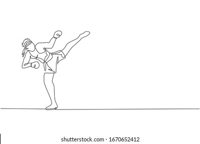 Single continuous line drawing young sportive man training thai boxing at gym club center. Combative muay thai sport concept. Competition event. Trendy one line draw graphic design vector illustration