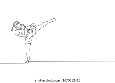 Single continuous line drawing young sportive man training thai boxing at gym club center. Combative muay thai sport concept. Competition event. Trendy one line draw graphic design vector illustration