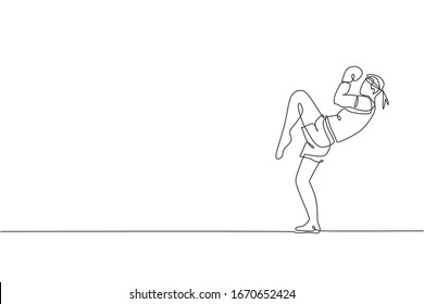 Single continuous line drawing young sportive man training thai boxing at gym club center. Combative muay thai sport concept. Competition event. Trendy one line draw graphic design vector illustration